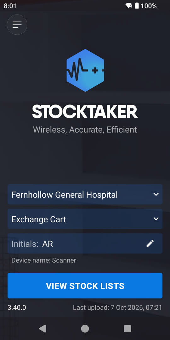 StockTaker home screen: facility Fernhollow General Hospital, routine Exchange Cart, initials AR, and a View Stock Lists button
