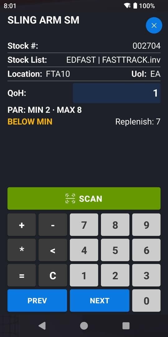 Item screen for SLING ARM SM: quantity on hand 1, PAR minimum 2 and maximum 8, a BELOW MIN alert and Replenish 7