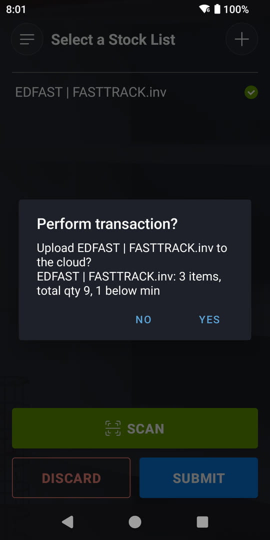 Confirmation dialog: upload EDFAST FASTTRACK.inv to the cloud, 3 items, total quantity 9, 1 below min, with No and Yes